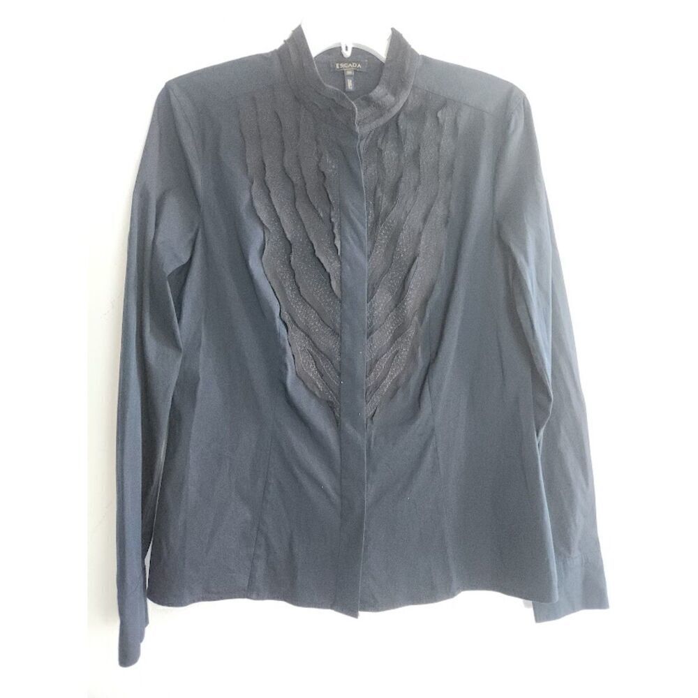 Escada Dark Navy Blue Band Collar Tule Front Detail Made in Germany Blouse EU36
